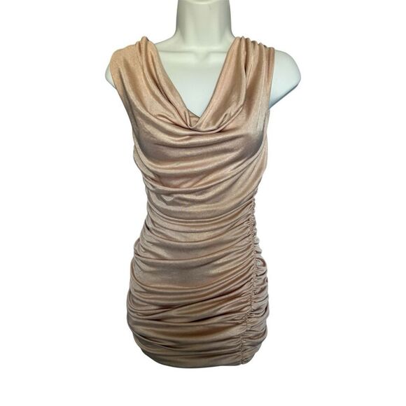 Express Dresses & Skirts - Express Bodycon Ruched Champagne Dress Cowl Neck Women’s Size Petite S